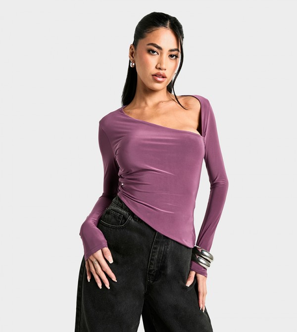 Slinky Asymmetric Neck Long Sleeves Top