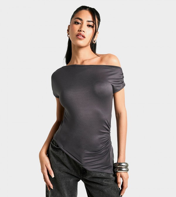 Supersoft Drape Off Shoulder Ruched Top