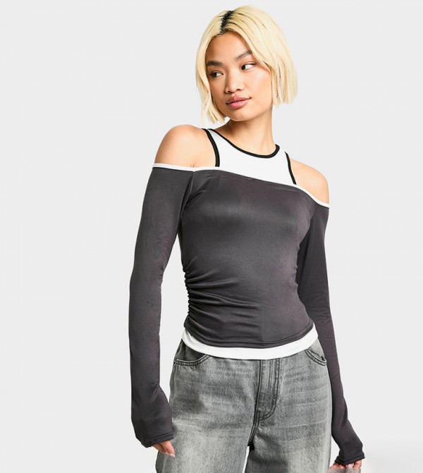 2 Layer Contrast Binding Long Sleeves Top