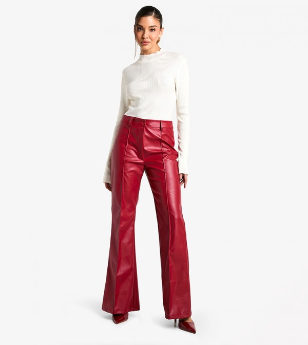 Leather Look High Waist Seam Front Flared Trousers