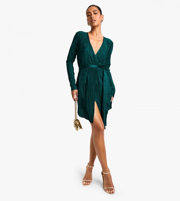 Plisse Wrap Mini Dress