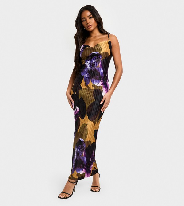 Floral Printed Plisse Strappy Maxi Dress