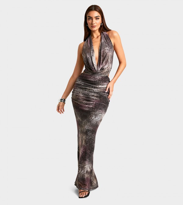 Leopard Cowl Halterneck Maxi Dress