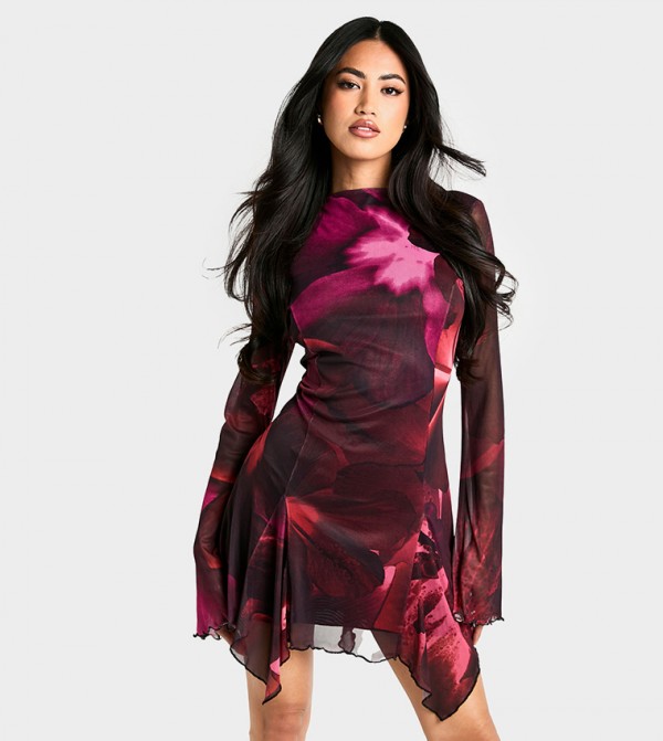Floral Print Long Sleeves Godet Mini Dress
