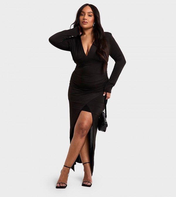 Curve Shoulder Pad Wrap Maxi Dress