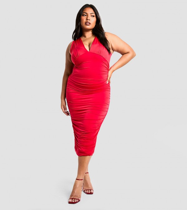Curve Double Slinky Plunge Ruched Bodycon Dress