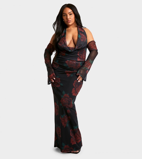 Curve Mesh Printed Cowl Neck Ruched Maxi Dress