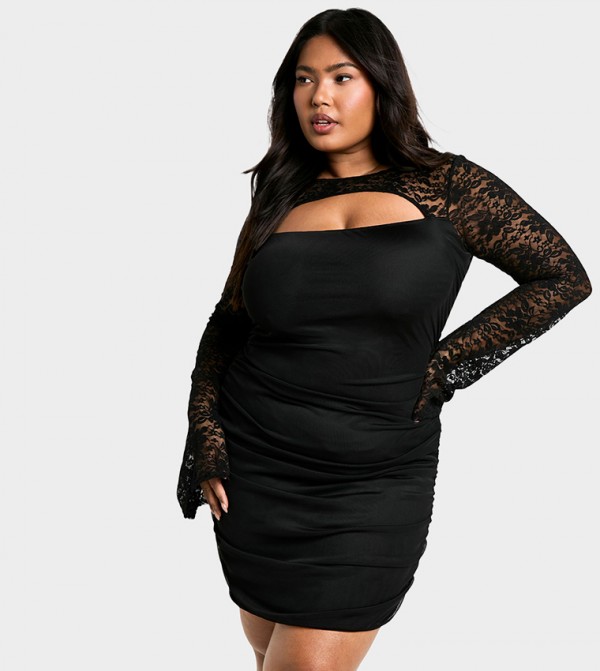 Curve Mesh Lace Ruched Mini Bodycon Dress