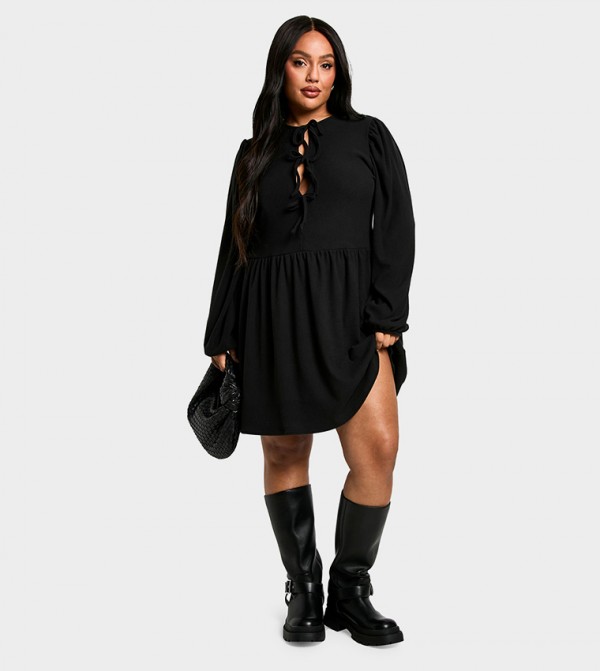 Curve Brushed Ribbed Tie Front Smock Mini Dress
