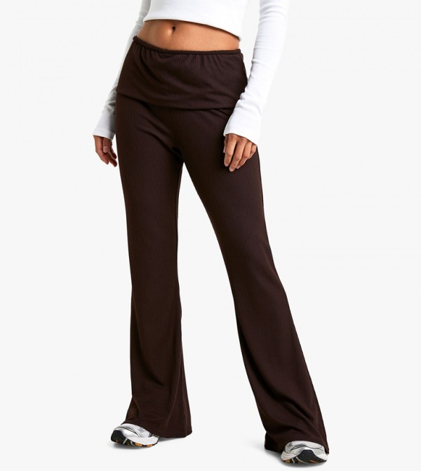 Petite Ribbed Fold Over Flared Trousers