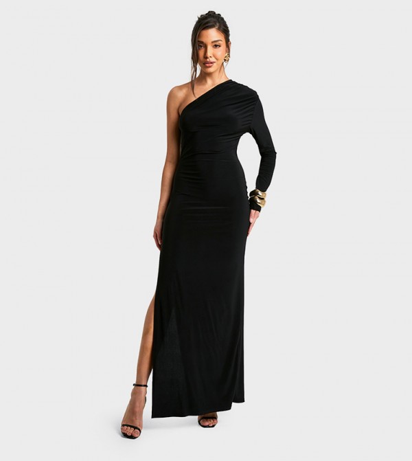 Ruched One Sleeves High Split Maxi Dress