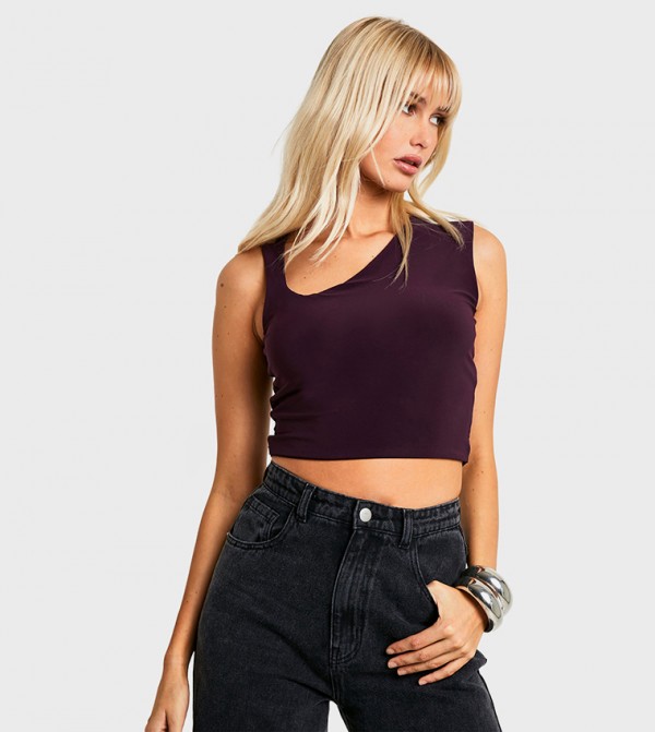 Slinky Asymmetric Neck Sleeveless Crop Top