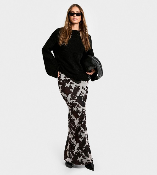 Cow Print Mesh Maxi Skirt