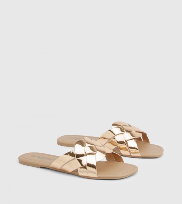 Woven Strap Metallic Flat Sandals