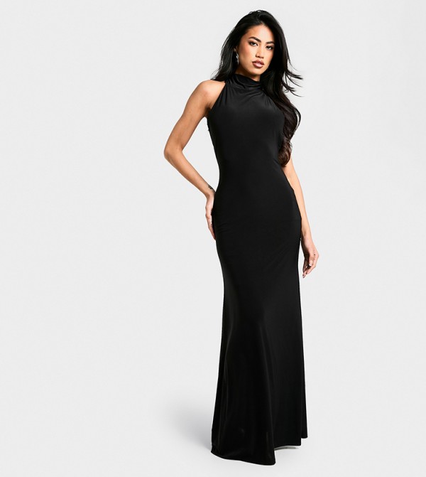 Slinky Halter Neck Scarf Detail Maxi Dress