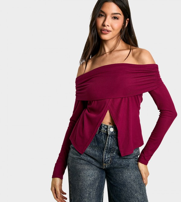 Soft Ribbed Split Hem Bardot Top