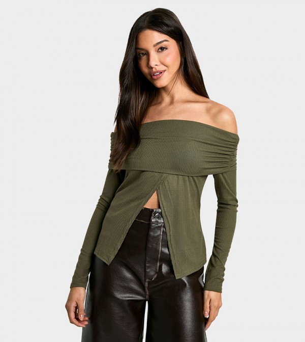 Soft Ribbed Split Hem Bardot Top