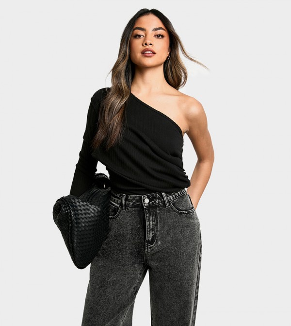 Mega Ribbed One Shoulder Drape Bodysuit Top
