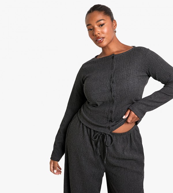 Curve Button Through Long Sleeves Textured Top