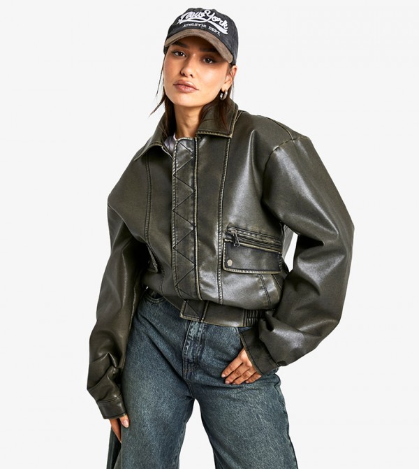 Tall Vintage Look Faux Leather Bomber Jacket