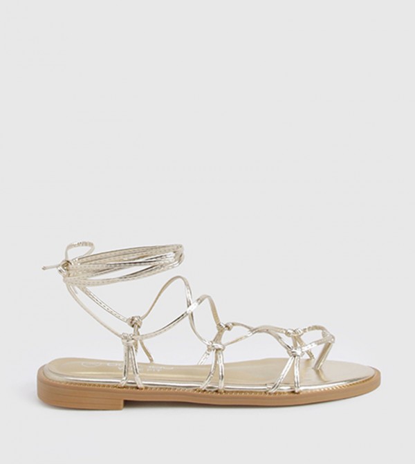 Caged Detail Tie Up Flat Sandals