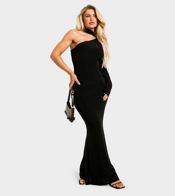 One Shoulder Scarf Detail Slinky Maxi Dress