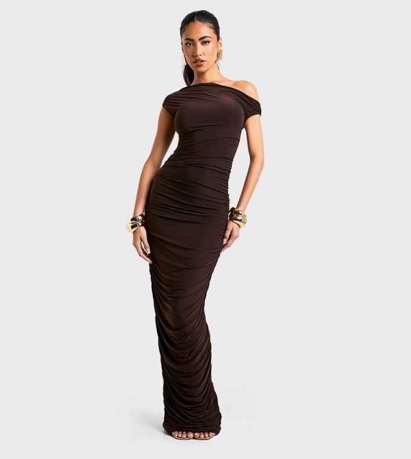 One Shoulder Asymmetric Ruched Maxi Dress
