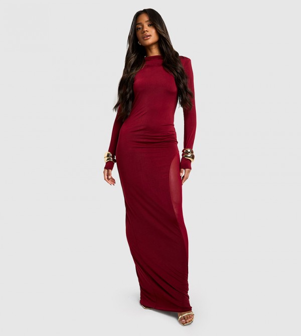 Slinky Mesh Detail Long Sleeves Maxi Dress