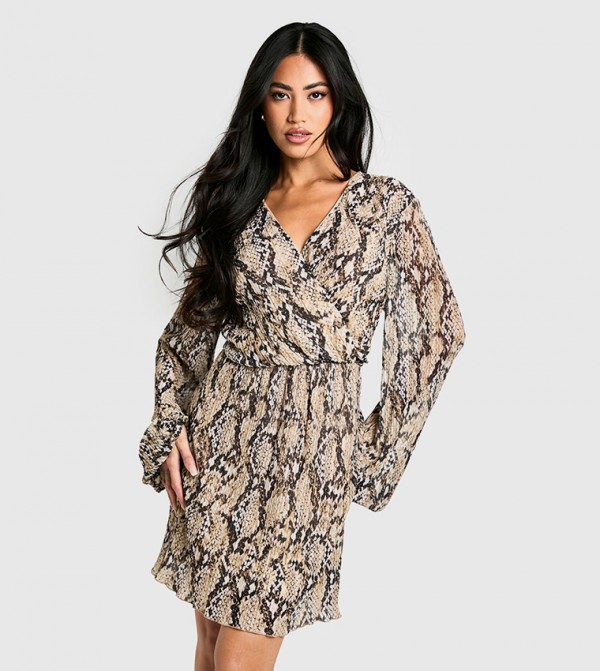 Snake Print Plisse Skater Mini Dress