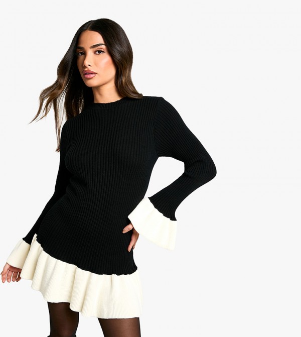 Petite Contrast Flared Sleeves Knitted Skater Dress