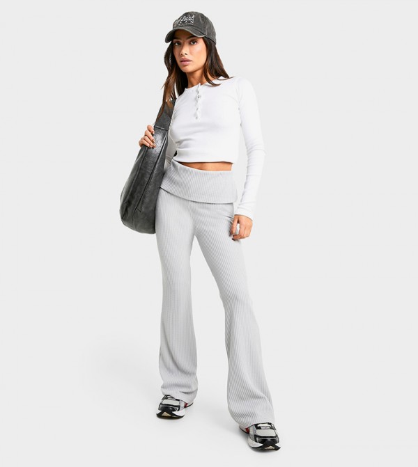 Petite Waffle Foldover Flared Trousers