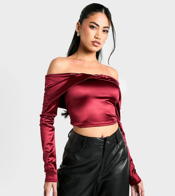 Stretch Satin Twist Detail Off Shoulder Top