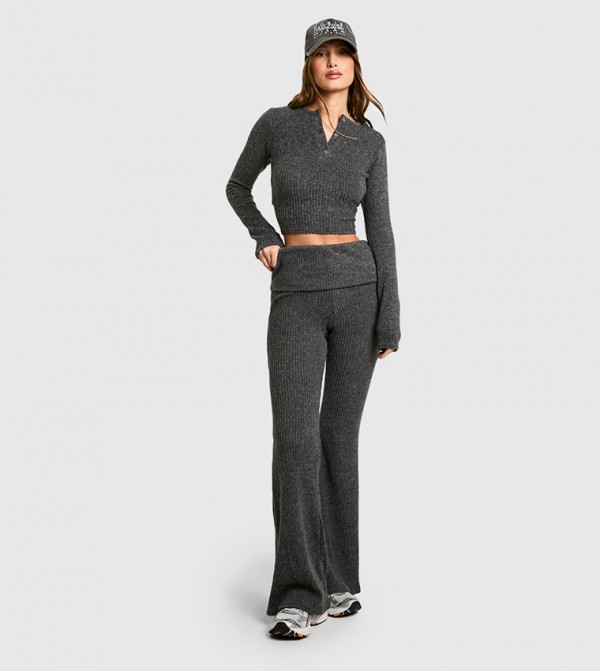 Ribbed Foldover Waist Flared Trousers