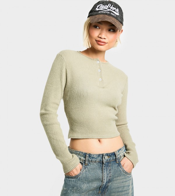 Brushed Chunky Tib Button Detail Crew Neck Top