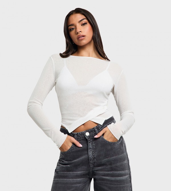 Textured Mesh Button Hem Long Sleeves Crop Top