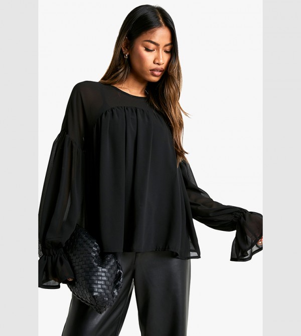 Chiffon Drape Detail Long Sleeves Top
