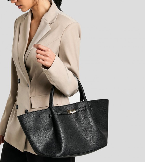 Clasp Detail Textured PU Tote Bag