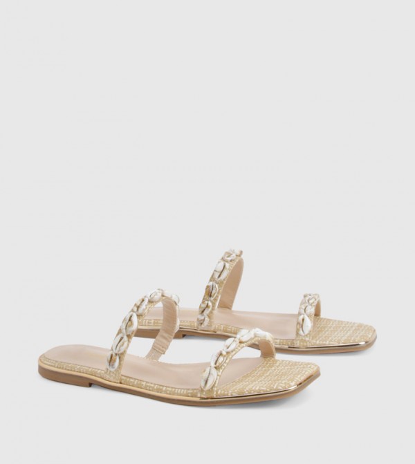 Raffia Shell Trim Flat Sandals