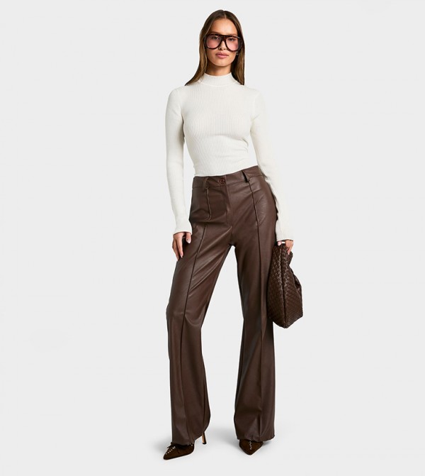 Leather Look Seam Front Skinny Flared Trousers