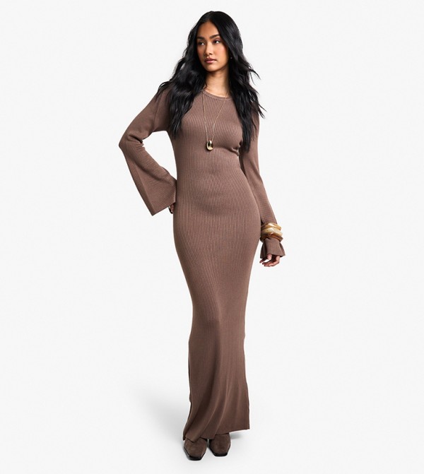 Premium Ribbed Flared Sleeves Knitted Maxi Dress