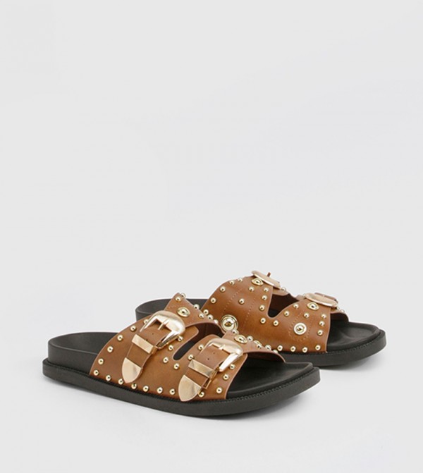 Western Studded Buckle Flat Sandals