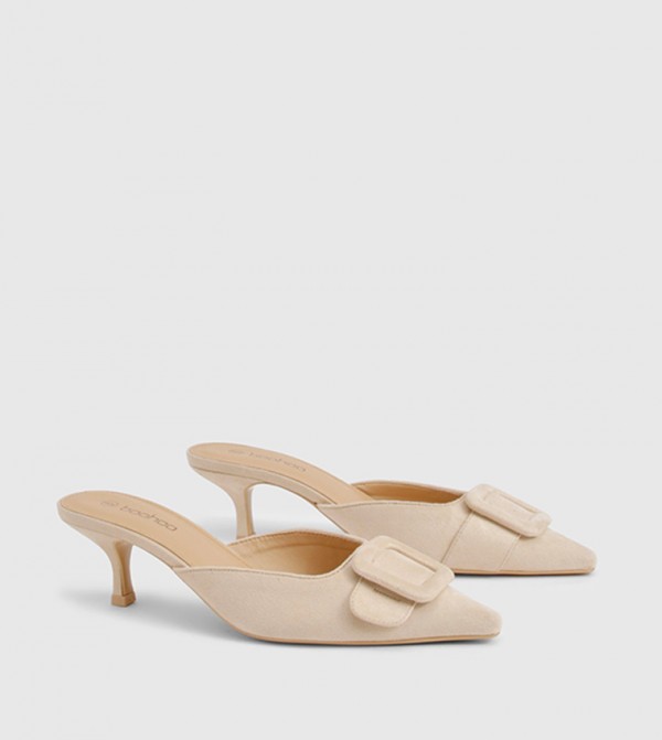 Faux Suede Buckle Front Mule Pumps