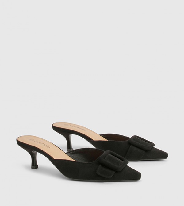 Faux Suede Buckle Front Mule Pumps