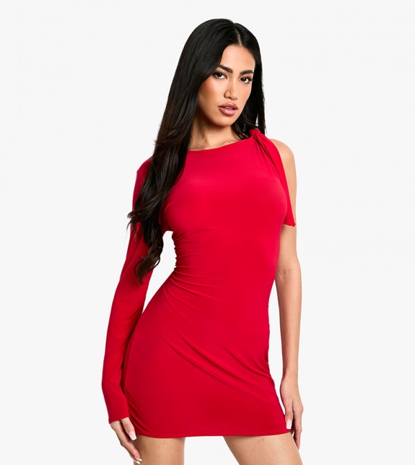 Tie One Shoulder Long Sleeves Mini Dress