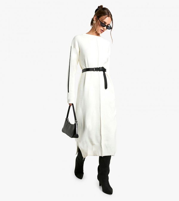 Side Striped Long Sleeves Midi Dress