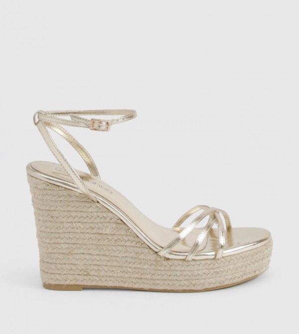 Metallic Crossover Strap Wedge Sandals