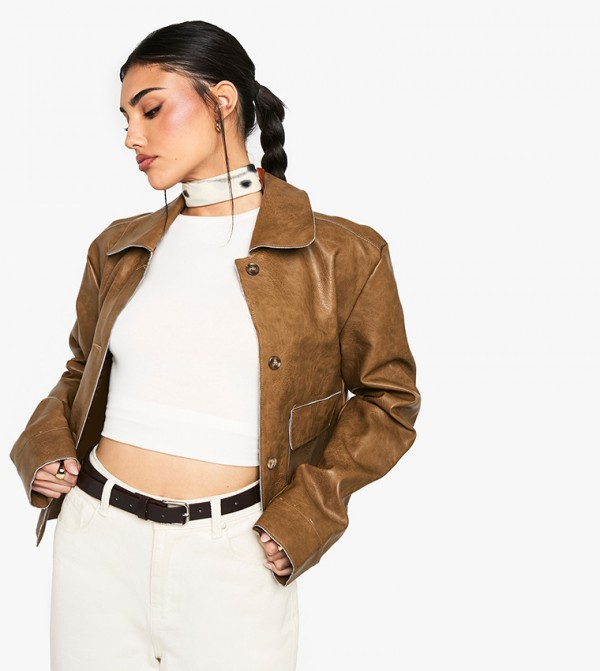 Vintage Look Faux Leather Button Detail Jacket