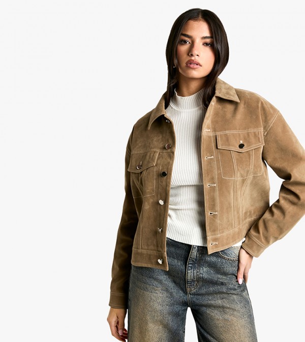 Suede Look Contrast Stitch Jacket