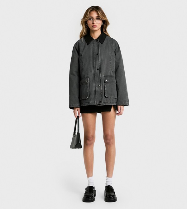 Faux Leather Collar Oversized Barn Jacket