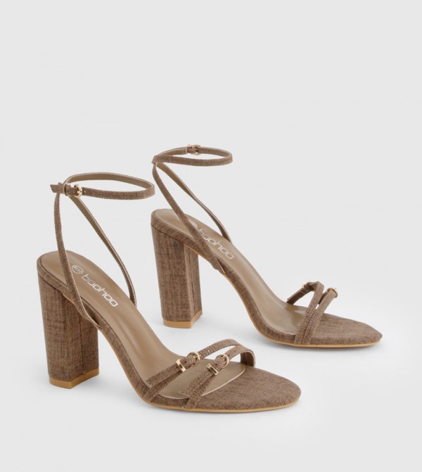 Linen Buckle Detail Block Heel Sandals